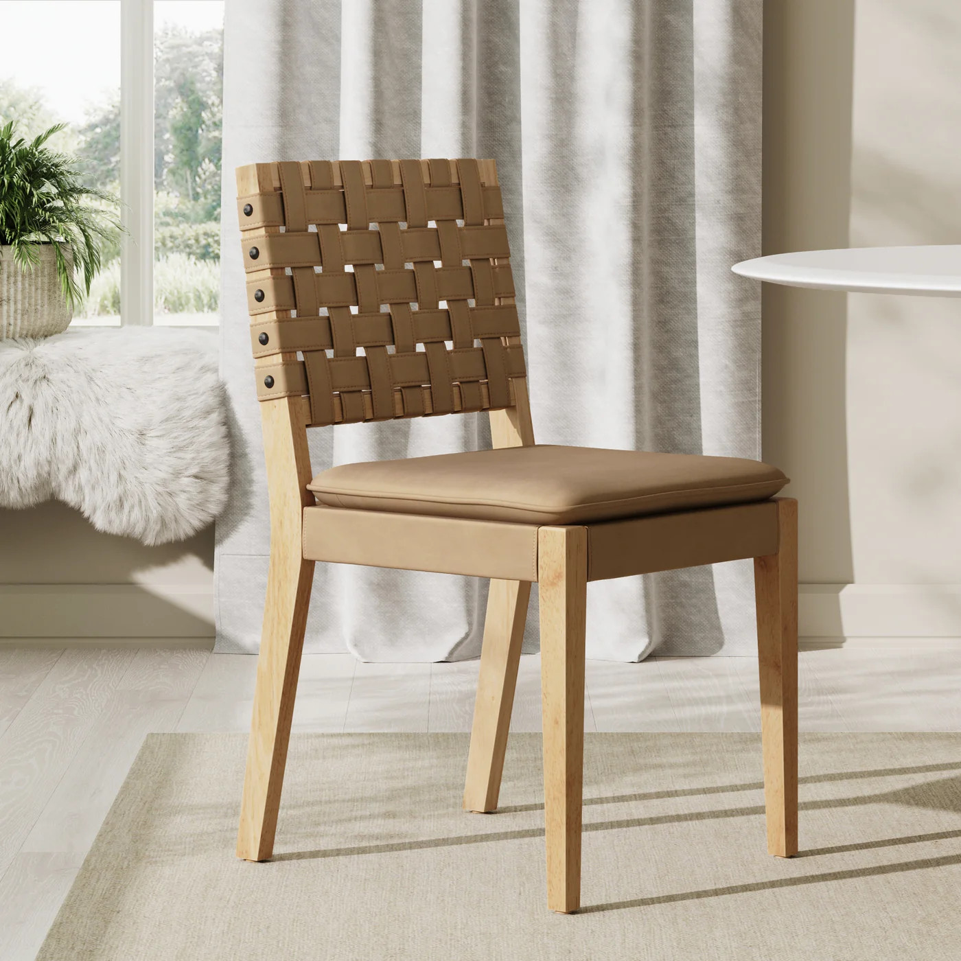 Woven Faux Leather Dining Chair Light Brown | Nathan James