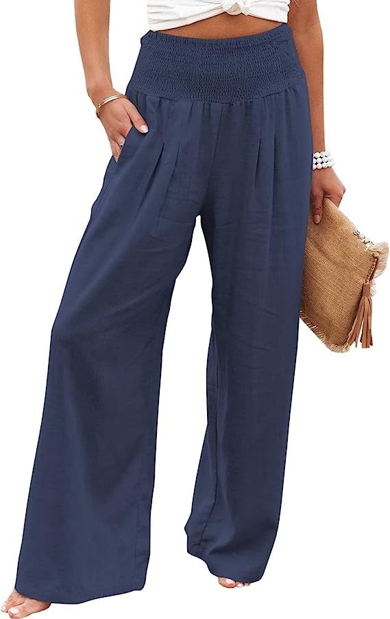 Vansha Women Summer High Waisted Cotton Linen Palazzo Pants Wide Leg Long Lounge Pant Trousers wi... | Amazon (US)