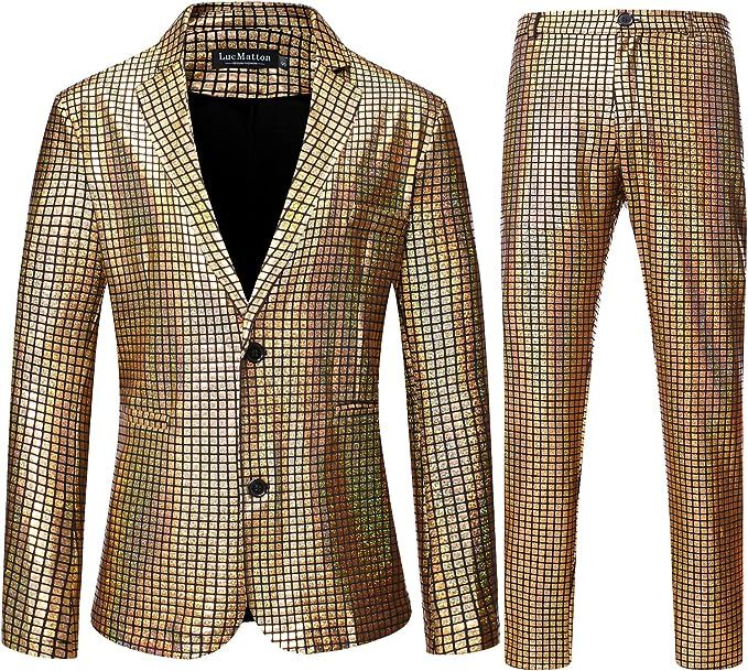 LucMatton Men's 2 Piece Disco Sets Shiny Jacket and Pants Metallic Sequin Suits | Amazon (US)