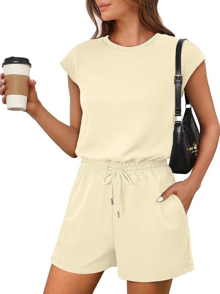 ANRABESS Rompers for Women Summer 2026 Casual Cap Sleeve Crewneck Drawstring One Piece Jumpsuit O... | Amazon (US)