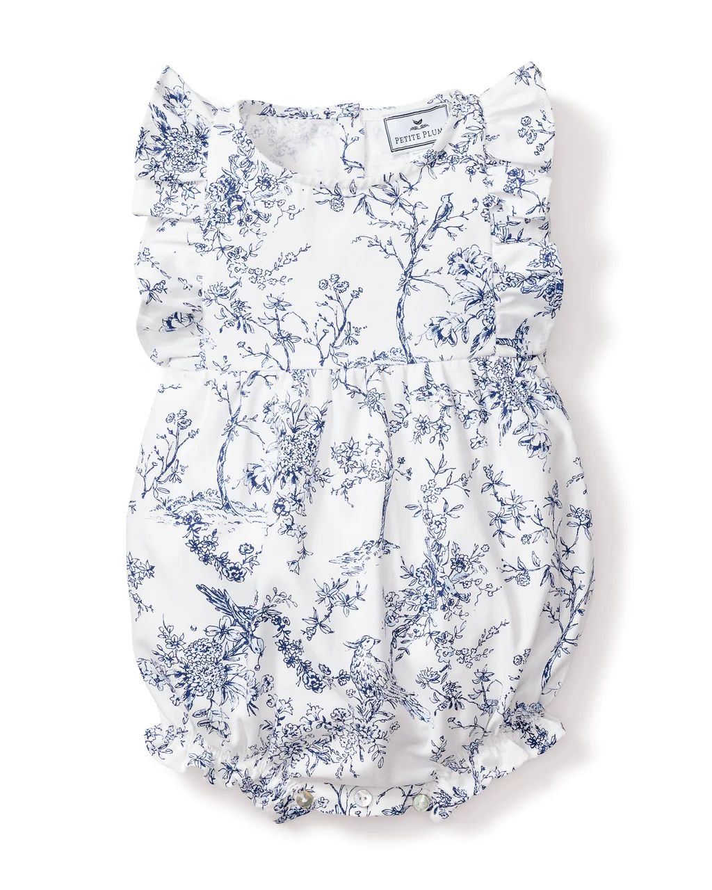 Baby's Twill Ruffled Romper in Timeless Toile | Petite Plume