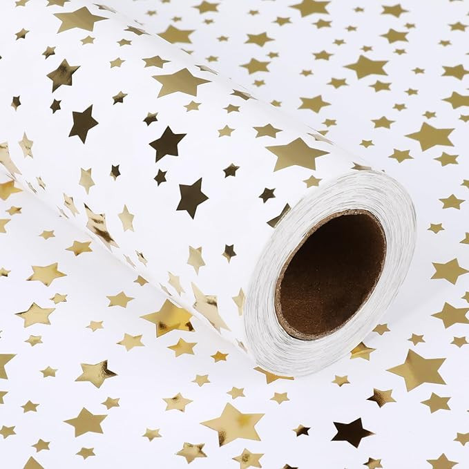 FUHITIM Gold Foil Star Wrapping Paper Roll, White Gold Wrapping Paper, Gift Wrapping Paper Roll f... | Amazon (US)