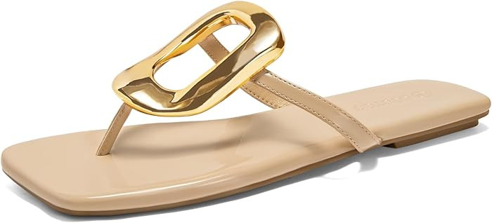 Coutgo Womens Flat Sandals Comfortable Flip Flops Slide Sandals Summer Beach Shoes with Metal Dec... | Amazon (US)