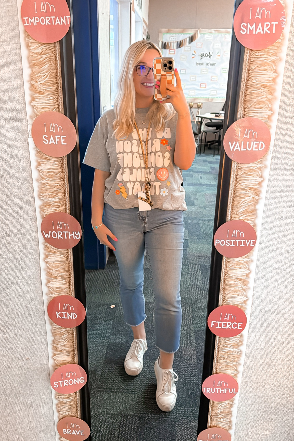 Wearing a size medium but I would size down! It’s an oversized fit and I could have totally done a small. 