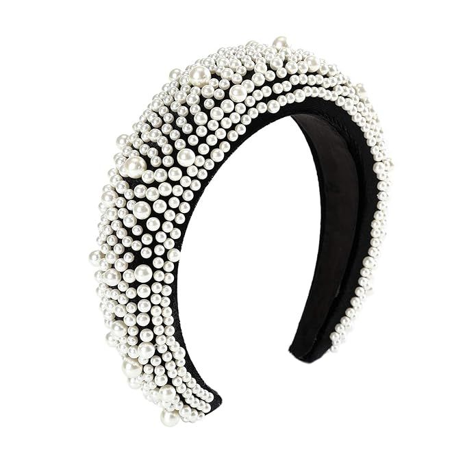 AWAYTR Velvet Padded Pearl Embellished Headband Large Padded Velvet Races Goth Wedding Headpiece ... | Amazon (US)