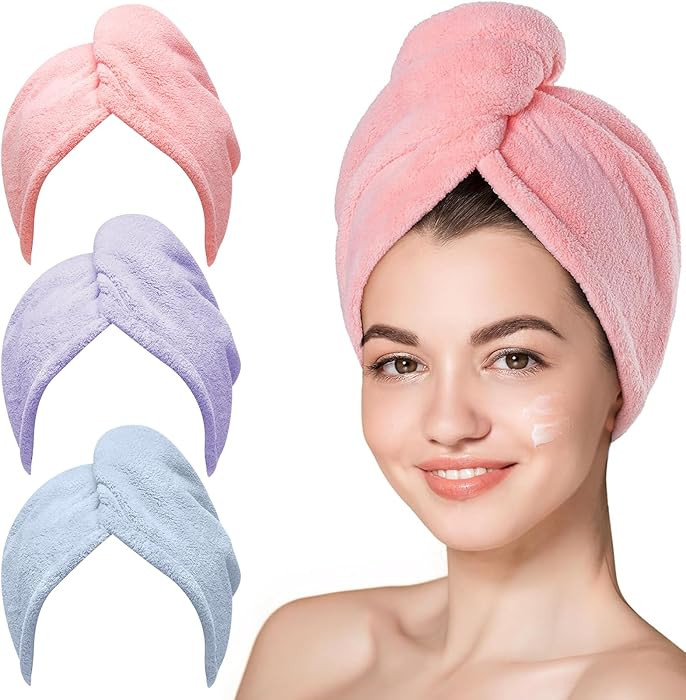 Hicober Microfiber Hair Towel, 3 Packs Hair Turbans for Wet Hair, Drying Hair Wrap Towels for Cur... | Amazon (US)