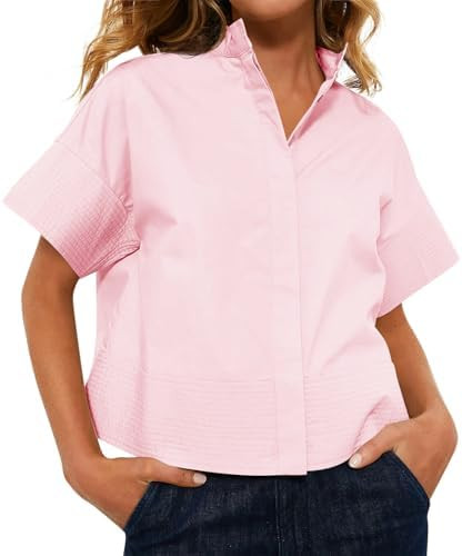 Cicy Bell Womens Cropped Short Sleeve Button Down Shirts Pleated Summer Dressy Casual Blouse Stan... | Amazon (US)