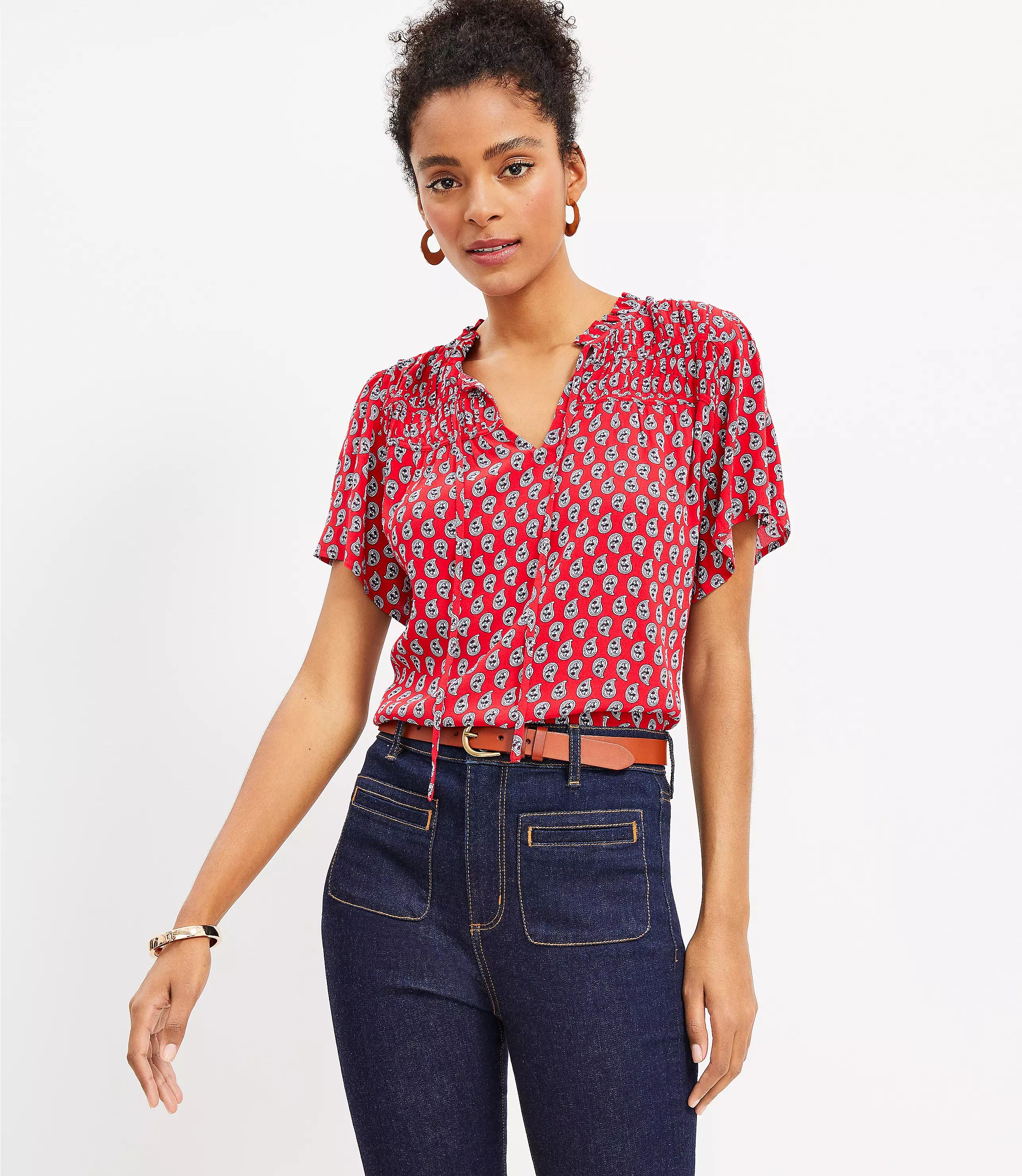 Paisley Ruched Ruffle Tie Neck Top | LOFT