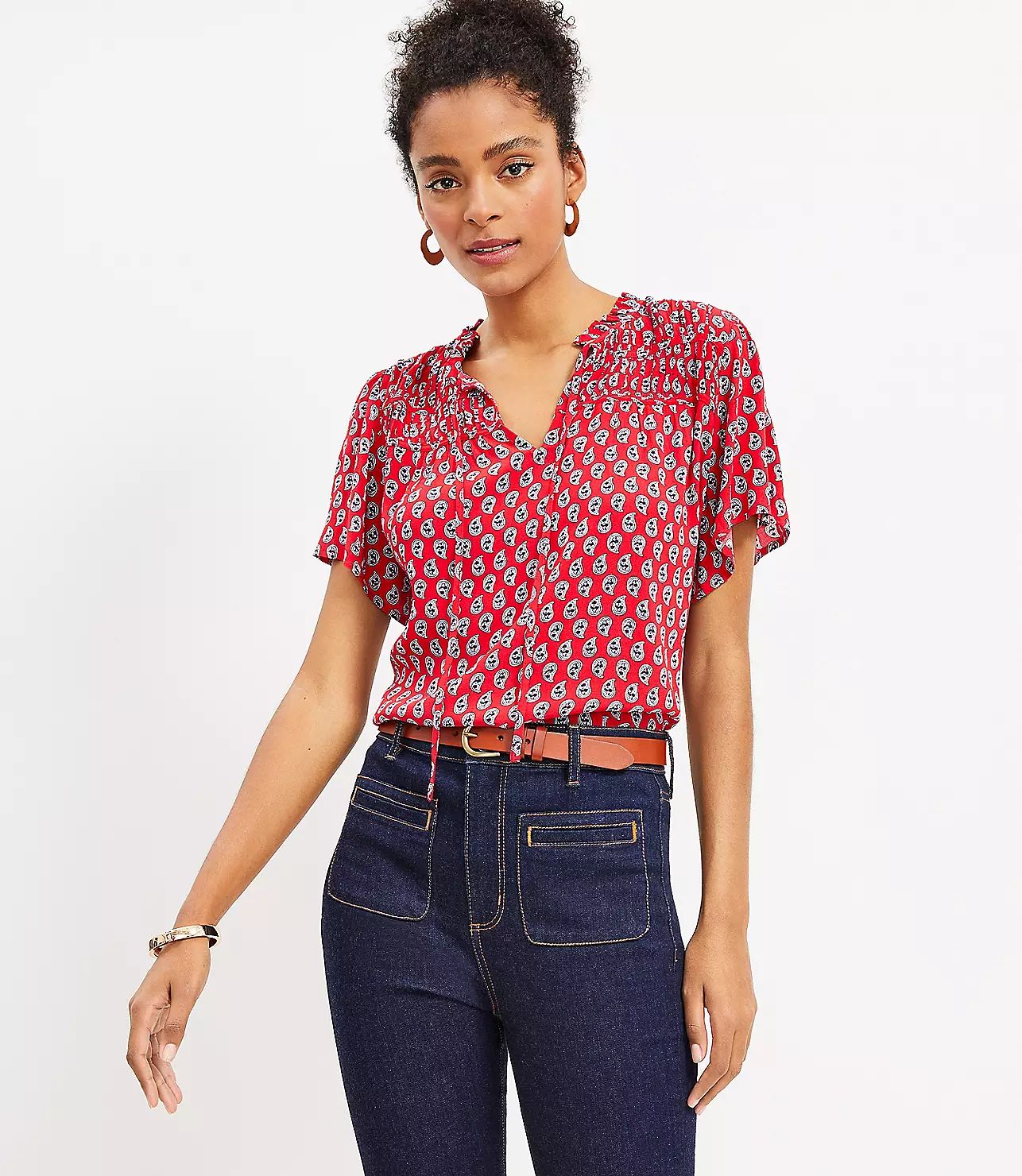 Paisley Ruched Ruffle Tie Neck Top | LOFT