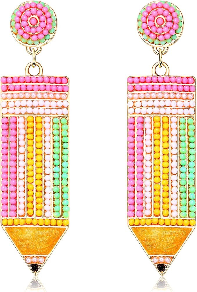Teacher Earrings Beaded Pencil Earrings for Women Handmade Beaded Dangle Drop Earrings Back To Sc... | Amazon (US)
