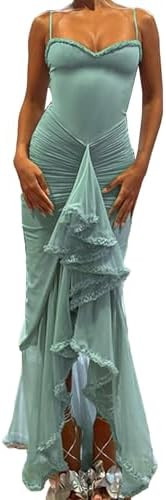 NRTHYE Women Elegant Irregular Ruffles Hem Maxi Dress Mesh Ruched Sleeveless Backless Pleated Lon... | Amazon (US)