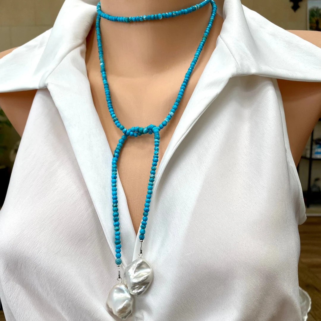 Single Strand of Turquoise Rondelle Beads & Two Baroque Pearls Lariat Wrap Necklace, Sterling Sil... | Etsy (US)