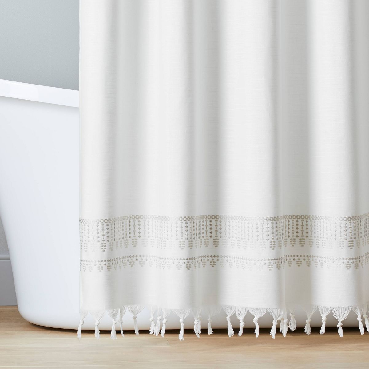 Embroidered Border Stripe Woven Shower Curtain Taupe - Hearth & Hand™ with Magnolia | Target