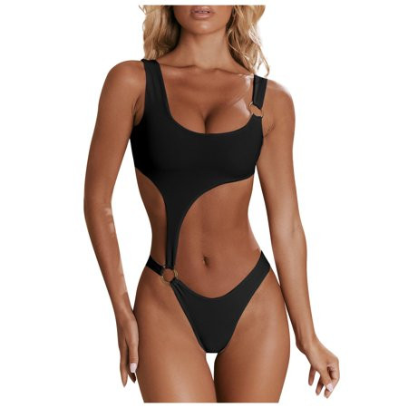 QWERTYU Tummy Control Solid One Piece Swimsuit for Women Swimwear High Cut Cutout Bathing Suit Black | Walmart (US)