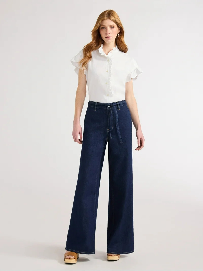 Free Assembly Women's and Women's Plus Ruffle Trim Neck Top with Short Sleeves, Sizes XS-4X | Walmart (US)