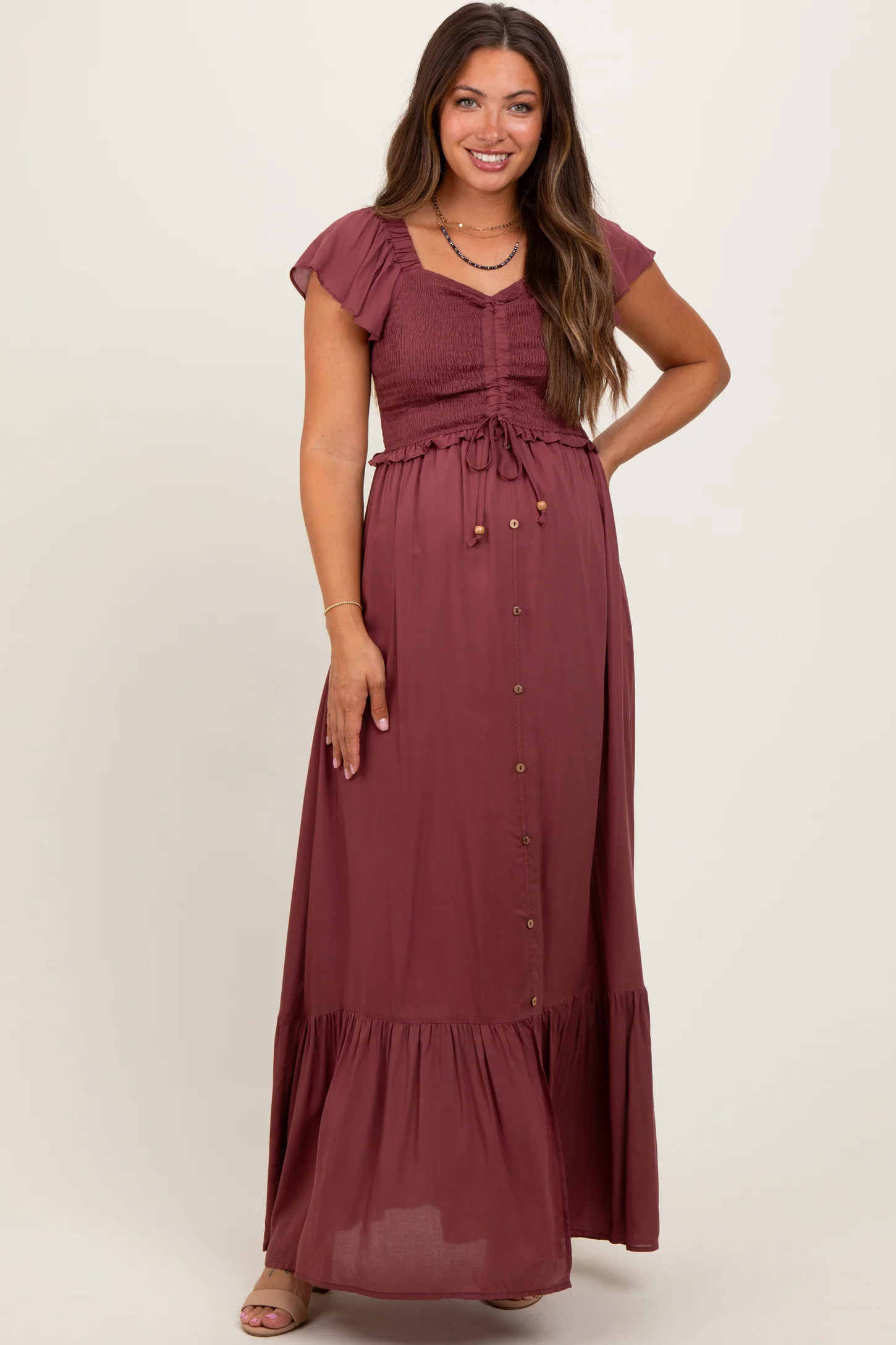 Burgundy Smocked Top Woven Maternity Maxi Dress | PinkBlush Maternity