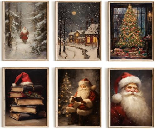 Kizbook Vintage Christmas Wall Art Prints, Santa Claus Christmas Holiday Art Prints Painting, Farmhouse Xmas Christmas Poster, Christmas Gallery Wall Art Winter Print, Vintage Christmas Decor for Holiday, Set of 6 (8"x10"-Unframed) | Amazon (US)