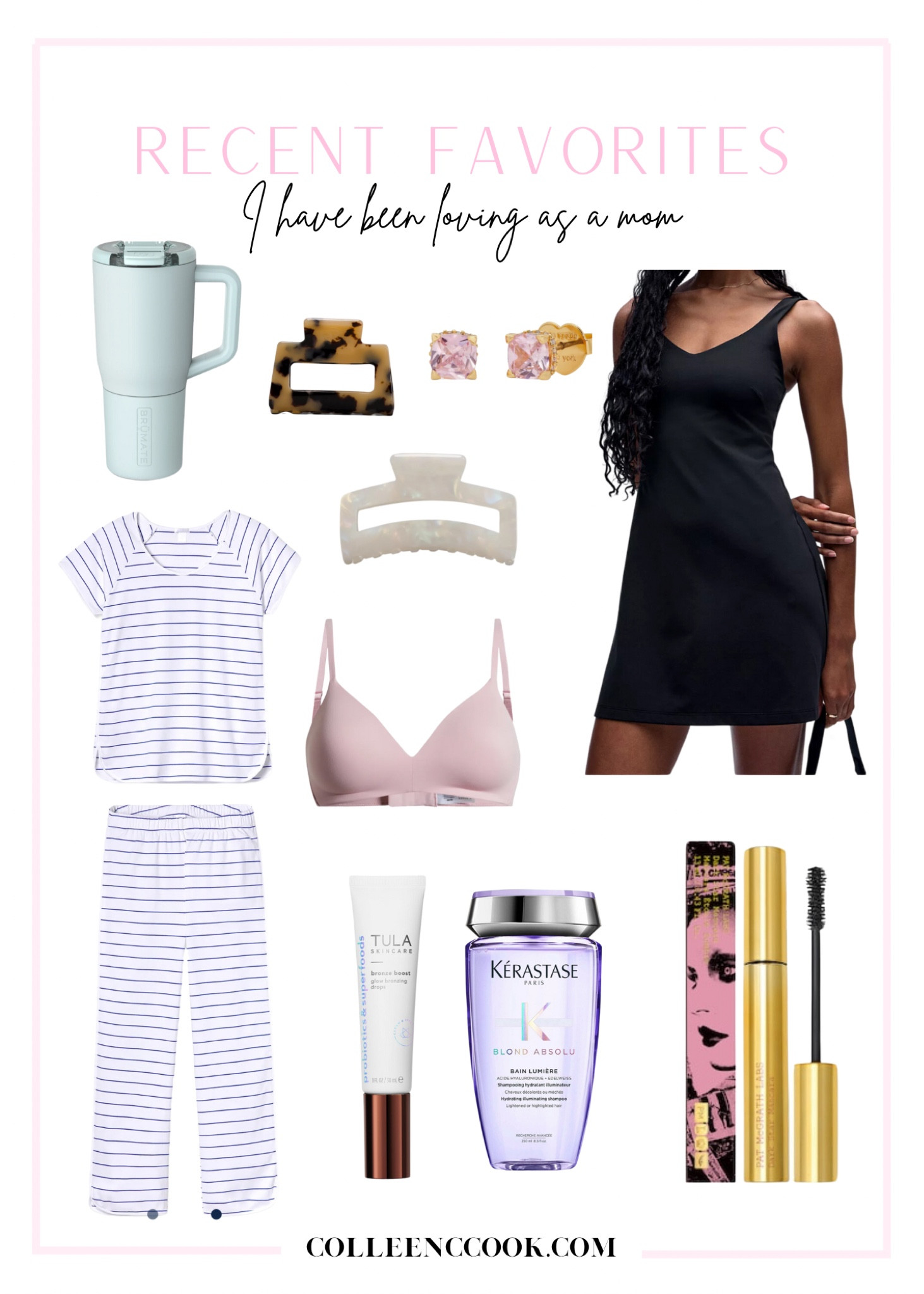 Recent favorites / best cotton pajamas / best shampoo for blonde hair / leakproof coffee cup / best volumizing mascara / claw clips / athletic dress / stud earrings 