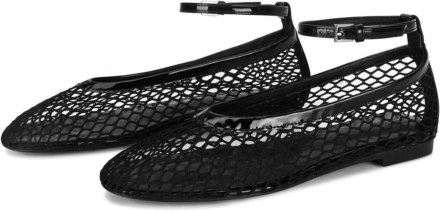 Mesh Ballet Flats for Women Round Toe Buckle Strap Fishnet Mary Jane Flats Comfy Casual Office Wo... | Amazon (US)