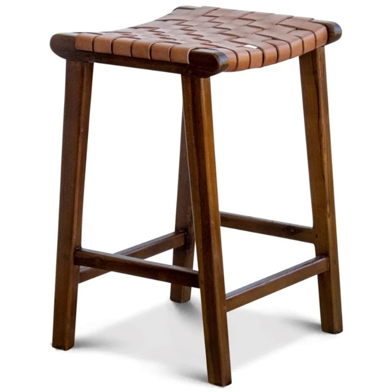 Rez Mid-Century Modern Woven Leather Bar Stool in Tan - Walmart.com | Walmart (US)