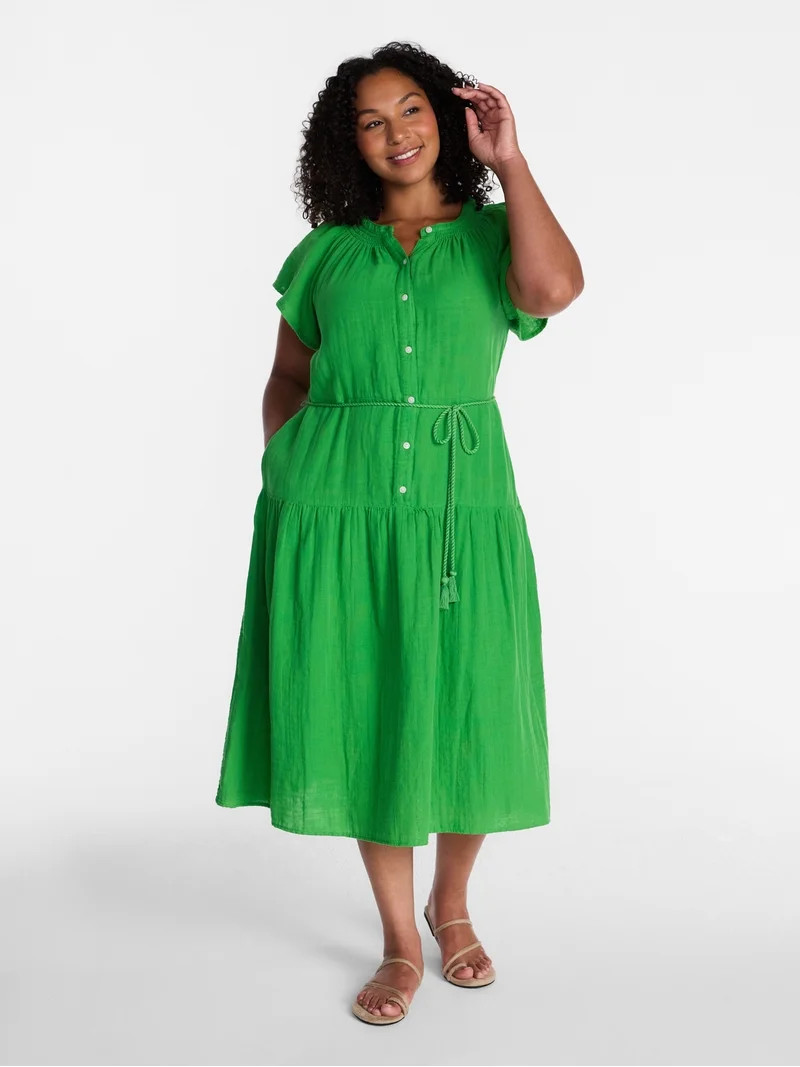 Time and Tru Women's and Women's Plus Double Cloth Midi Dress, Sizes XS-4X | Walmart (US)