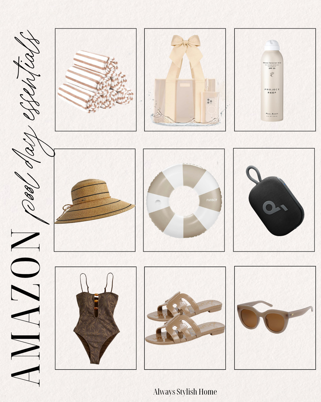 amazon pool day essentials. pool day must haves, pool essentials, pool tote bag, pool float, sunglasses, jelly sandals, jelly slides, one piece swimsuit, sunscreen, neutral pool towel, outdoor speaker, casemate tote bag, case mate chic pool tote bag, amazon finds for summer 

 #LTKSeasonal #LTKSwim #LTKTravel