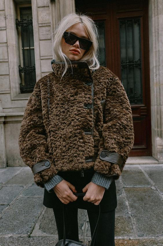 Zara - Combined Faux Fur Jacket - Brown - M - Woman | Zara US