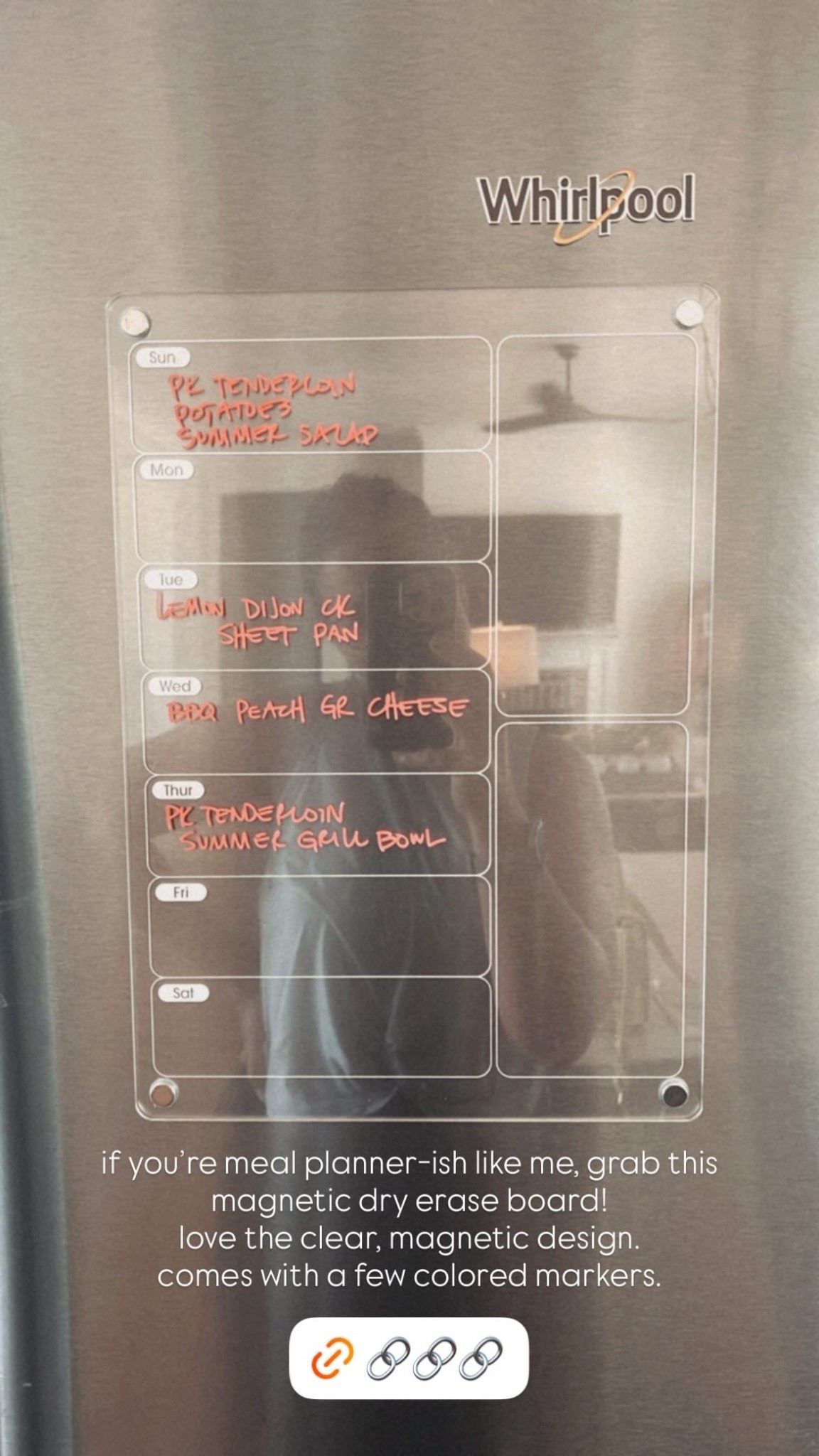 I wanted a way to meal plan-ish without keeping my notepad on the counter. Found the cutest clear, magnetic fridge calendar! Came with a set of small dry erase markers as well.