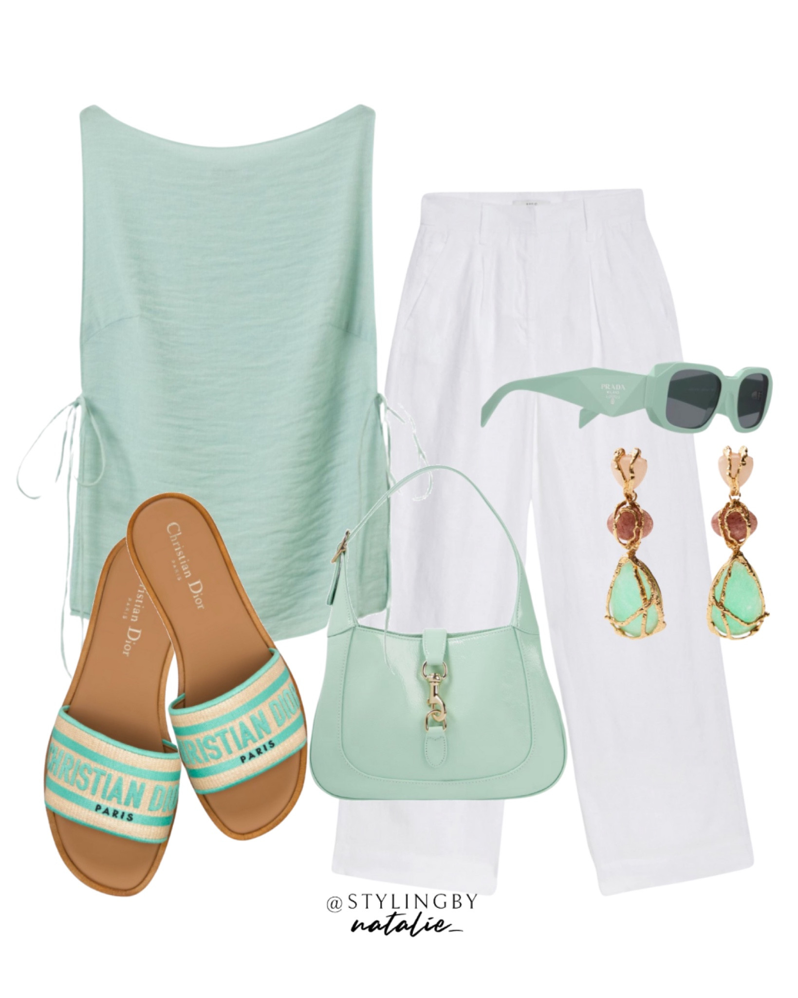 Satin side tie top, wide leg white linen trousers, Dior slides/sandals, Gucci Jackie shoulder bag, Prada sunglasses & stone drop style earrings.
🏷️ summer outfit, holiday outfit, linen pants, vacation look, casual chic, date night, going out, dressy casual.

#LTKshoes #LTKstyletip #LTKeurope