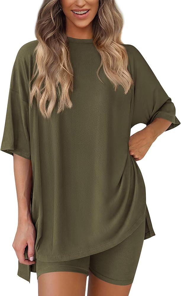 PRETTYGARDEN Women's Two Piece Lounge Set, Summer Casual Oversized Shirts and Biker Shorts, Match... | Amazon (US)