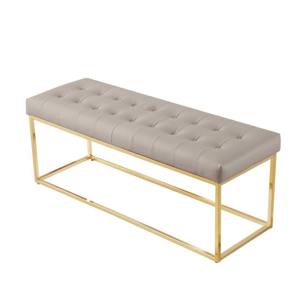 Koa Light Grey/Gold PU Leather Bench with Button Tufted Metal Frame | The Home Depot
