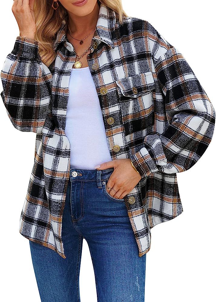 GRAPENT Womens Shacket Jacket Oversized Plaid Flannel Button Down Shirt Jackets Long Sleeve Coats | Amazon (US)