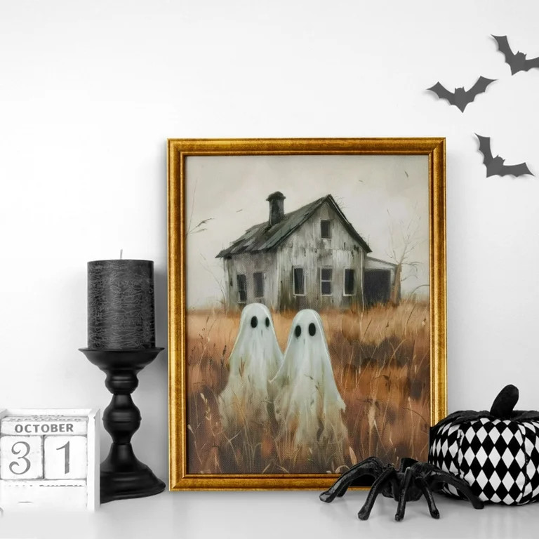 Way To Celebrate Halloween Pair Of Ghosts Framed Wall Art, Spooky Fall Wall Decor, Antique Gold F... | Walmart (US)