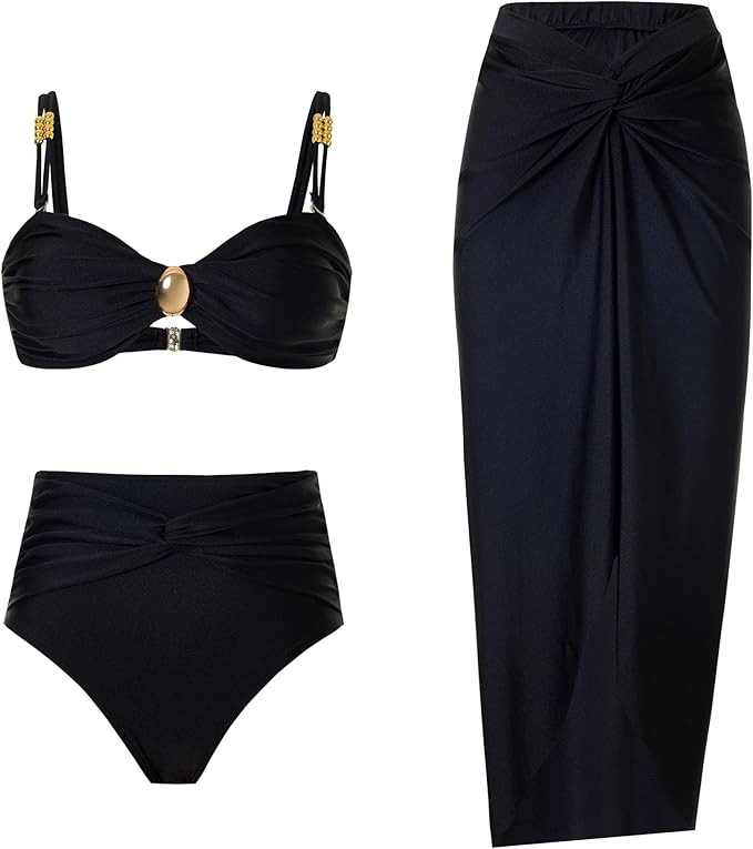 Women's One Piece Swimsuit with Cover up Set Beach Wrap Skirt Retro Bikini Set Two Piece Bathing ... | Amazon (US)