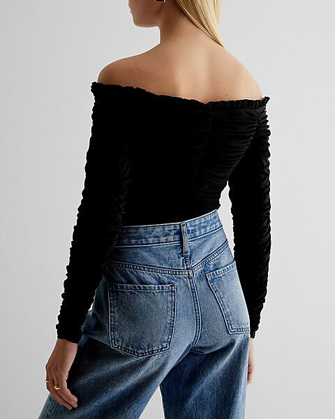 Body Contour Compression Off The Shoulder Ruched Thong Bodysuit | Express