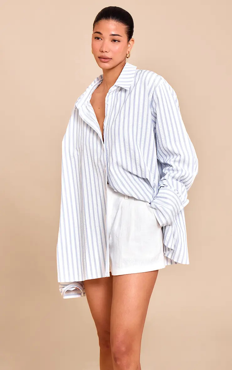 Blue Oversized Stripe Cuff Shirt | PrettyLittleThing USA | PrettyLittleThing US