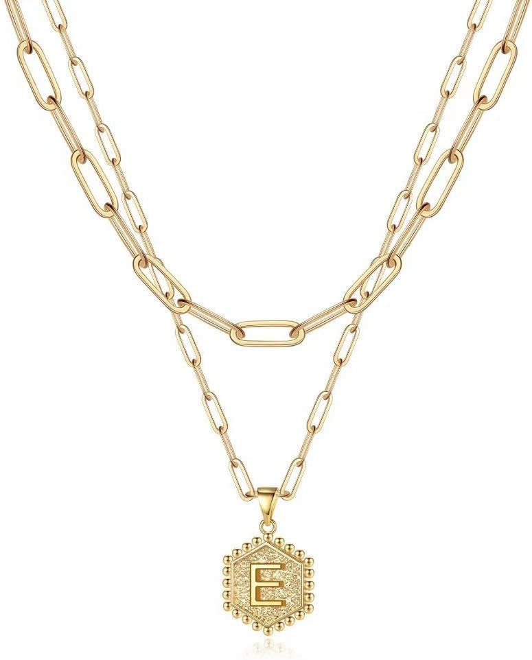 M MOOHAM Dainty Initial Necklaces for Women, 14K-Gold-Plated Layering Necklace for Women Cute Hexagon Letter Initial Necklace Layered Necklaces for Womens Teen Girl Gifts | Amazon (US)
