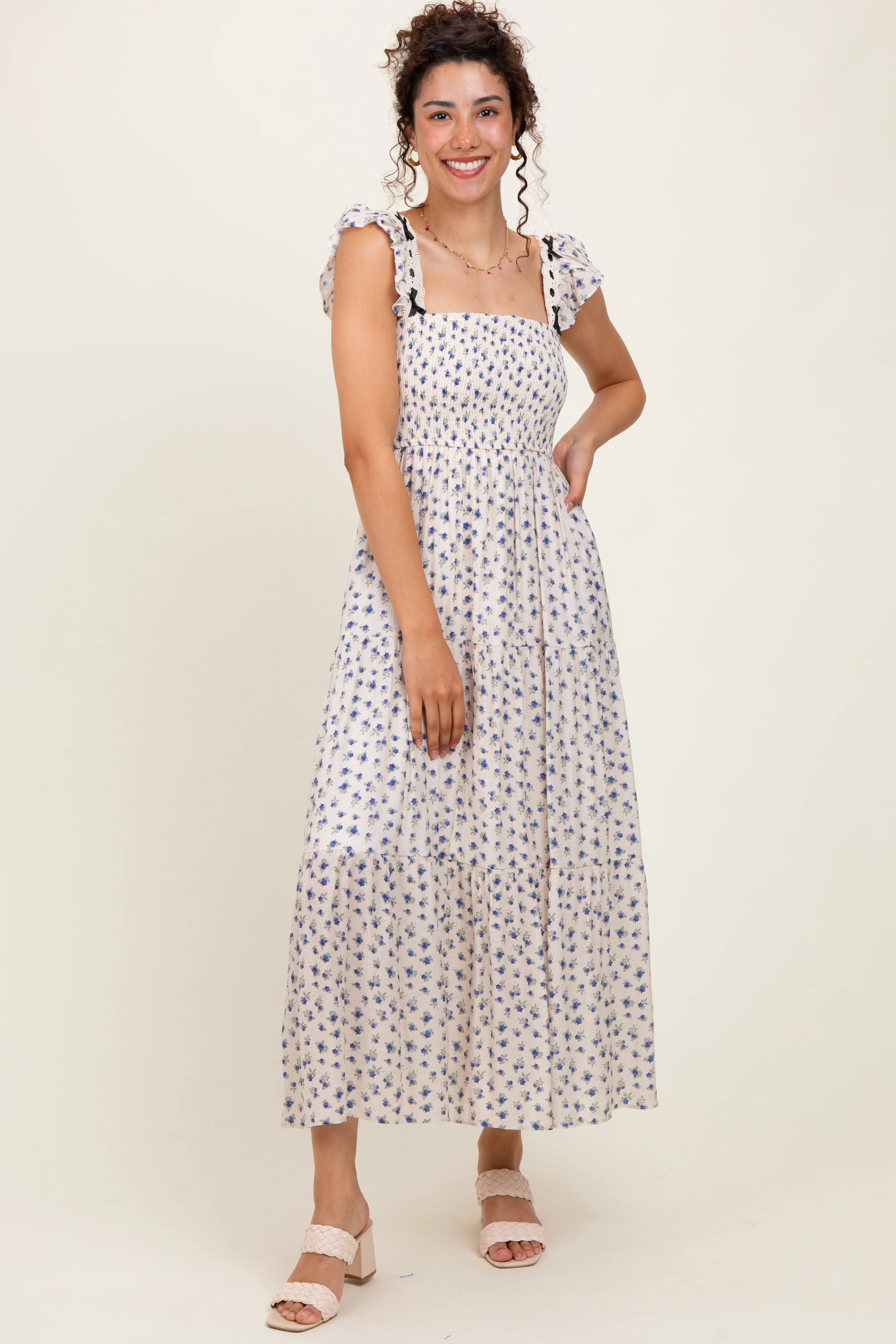Blue Floral Bow Trim Lace Detail Smocked Maxi Dress | PinkBlush Maternity
