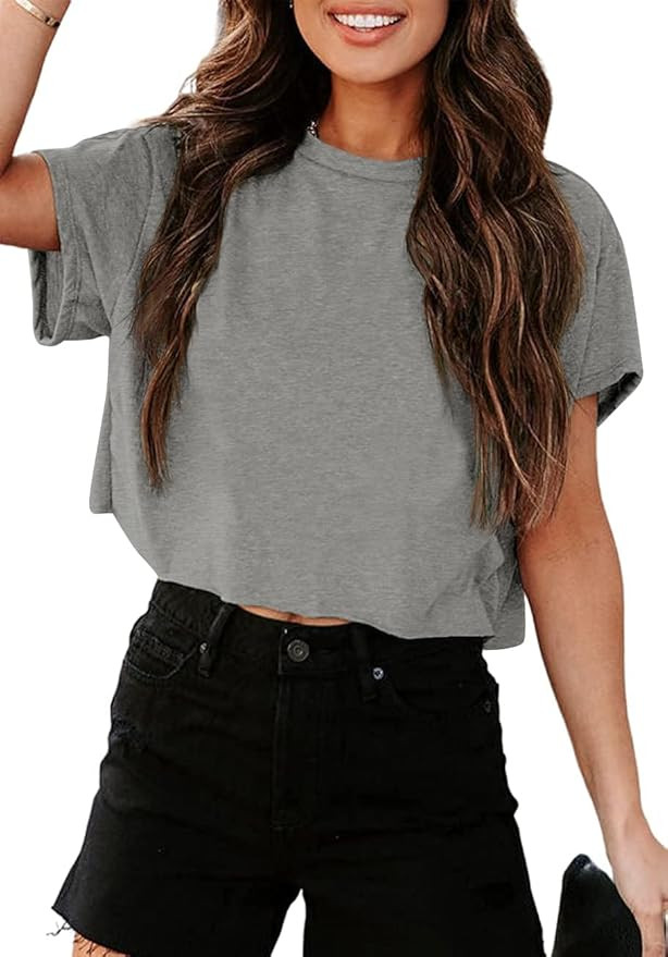 Tankaneo Women Short Sleeve Cropped T-Shirts Crew Neck Loose Crop Tops Summer Casual Drop Shoulde... | Amazon (US)