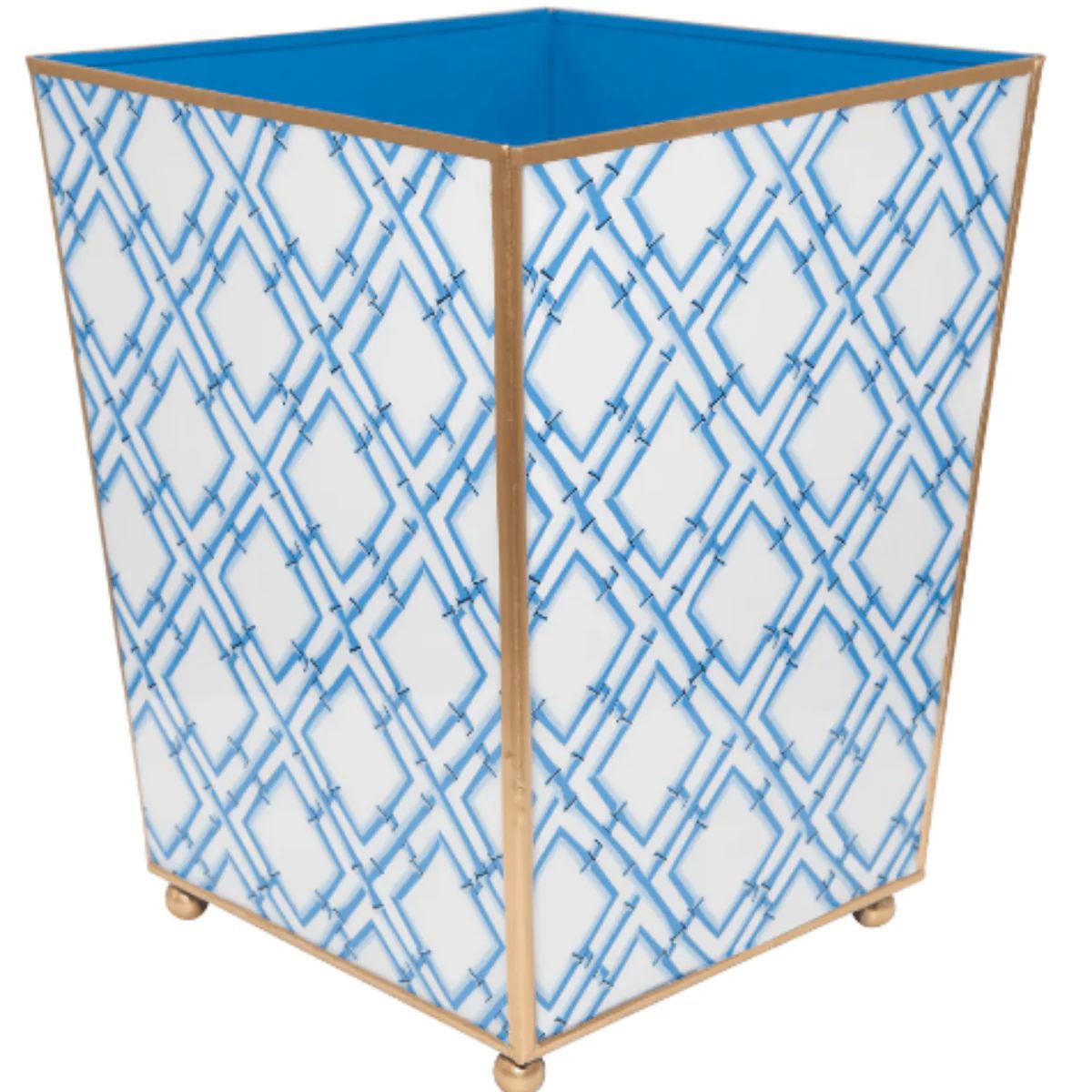 Blue & White Cane Enameled Square Wastebasket | The Well Appointed House, LLC