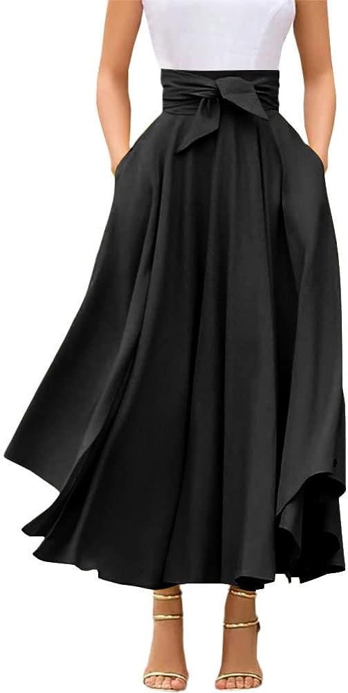 chouyatou Women's Elegant High Waisted Side Slit Irregular Bohemian Maxi Skirt with Pockets | Amazon (US)