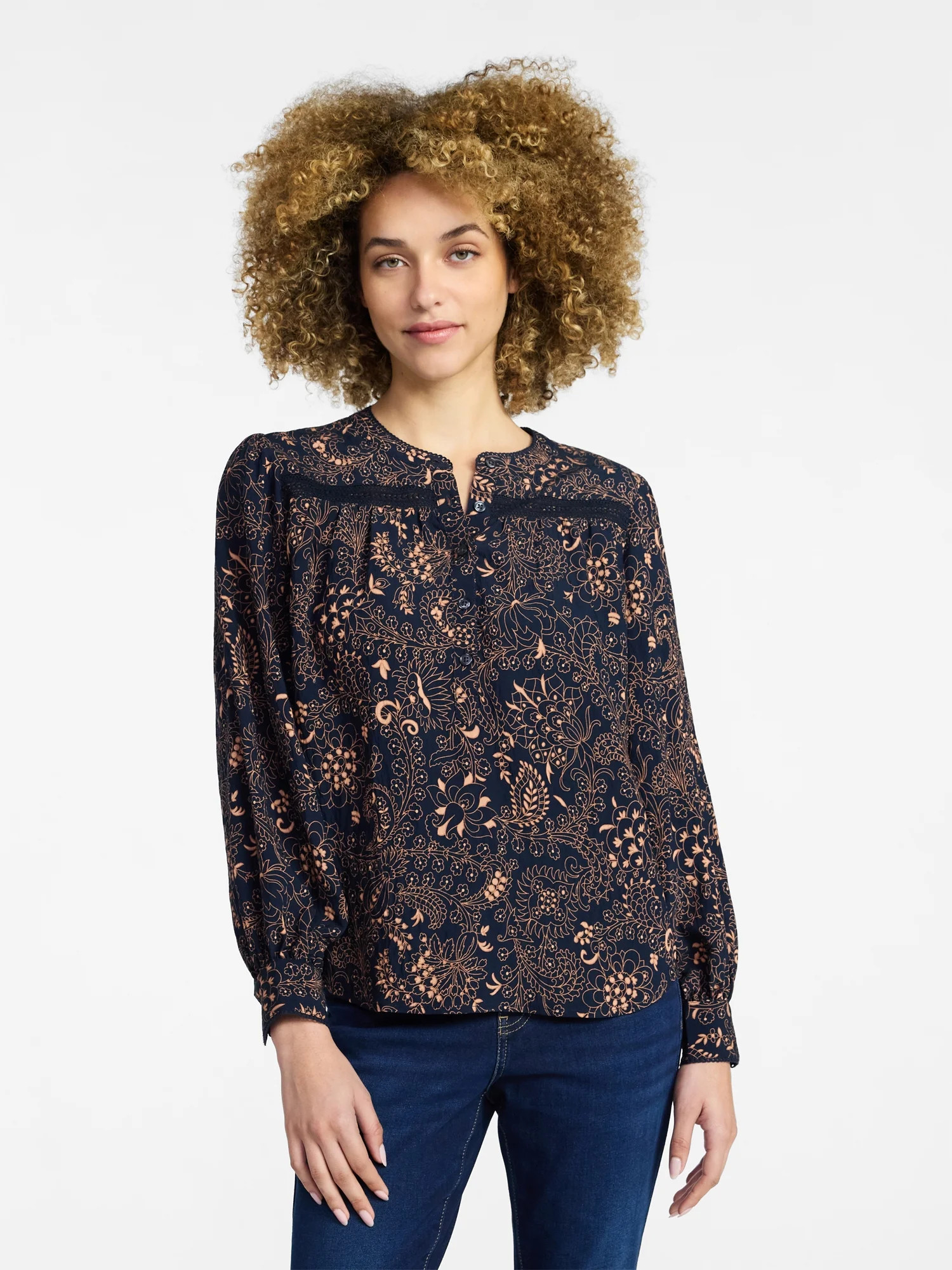 Time and Tru Women's Lace Yoke Shirt with Long Sleeves Sizes XS-XXXL | Walmart (US)