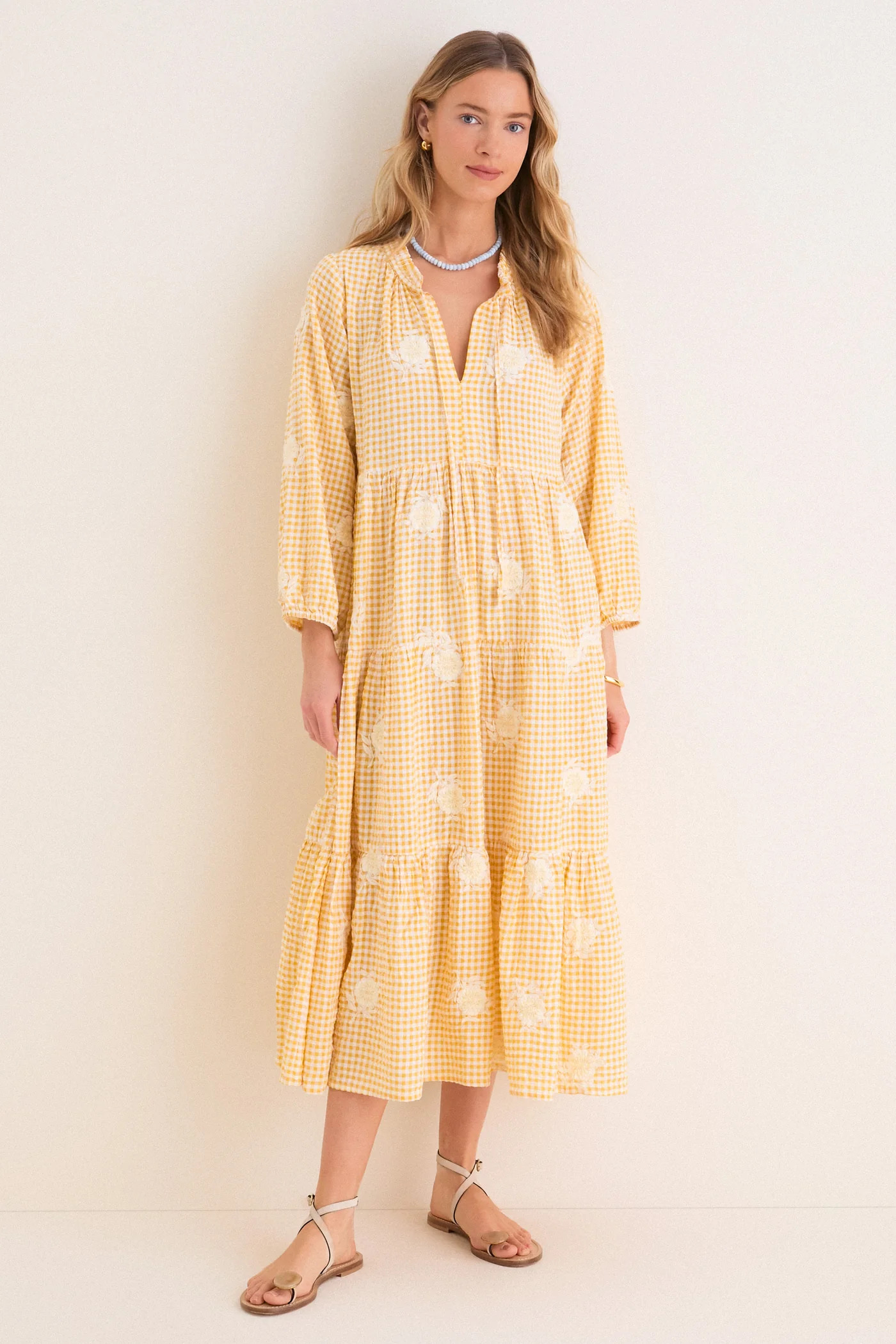 Honey Gingham Embroidered Long Sleeve Salty Paloma Caftan | Tuckernuck (US)
