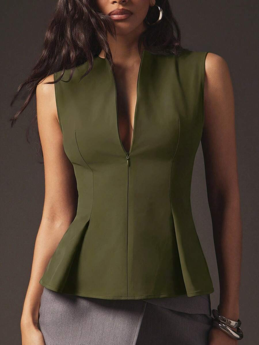 Hauture Women's Sexy Office Casual Front Zip With Peplum Structured Tailored Sleeveless Top | SHEIN