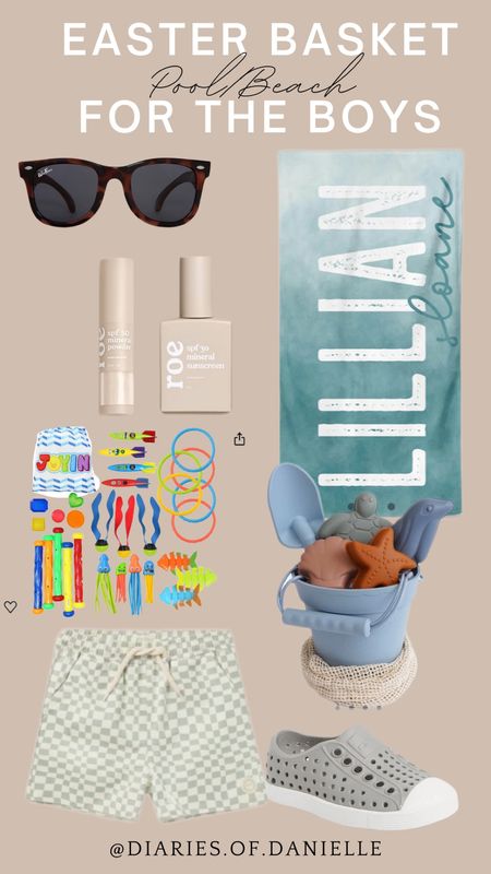 Easter basket idea for the boys | Pool/beach edition 💦 

Easter basket ideas, Easter basket for the boys, toddler boy Easter basket, personalized beach towel, toddler boy sunglasses, sunblock for kids, diving toys , sand bucket and toys, water shoes for kids, Native shoes, kids swim trunks 

#LTKkids #LTKfamily #LTKSeasonal