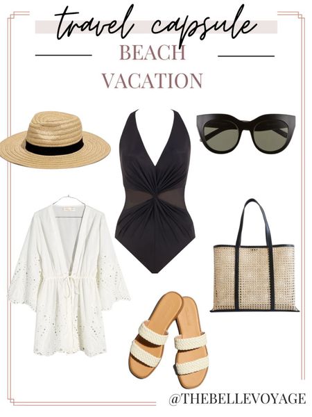 Beach vacation outfit using my new capsule wardrobe, up on the blog today.  Pink one piece swimsuit, swim cover up, raffia tote, sandals and sun hat. 

#LTKtravel #LTKSeasonal #LTKswim