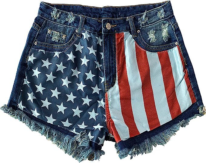 Women's Distressed Jeans Shorts American Flag Casual Summer Denim Frayed Raw Hem Ripped Shorts | Amazon (US)