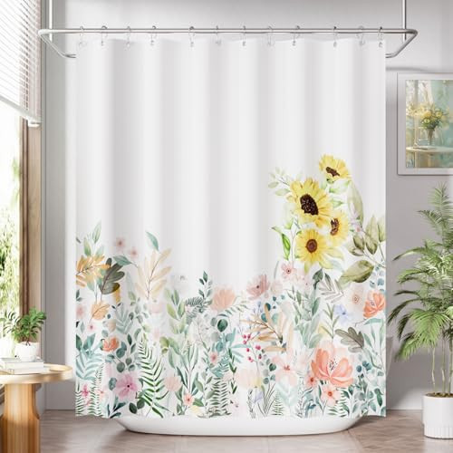 AmazerBath Floral Shower Curtain, Cloth Fall Flower Shower Curtains for Bathroom Decor, Rustic Washable Sunflower Eucalyptus and Leaves Fabric Shower Curtain Sets with 12 Metal Hooks, 72x72 Inches | Amazon (US)