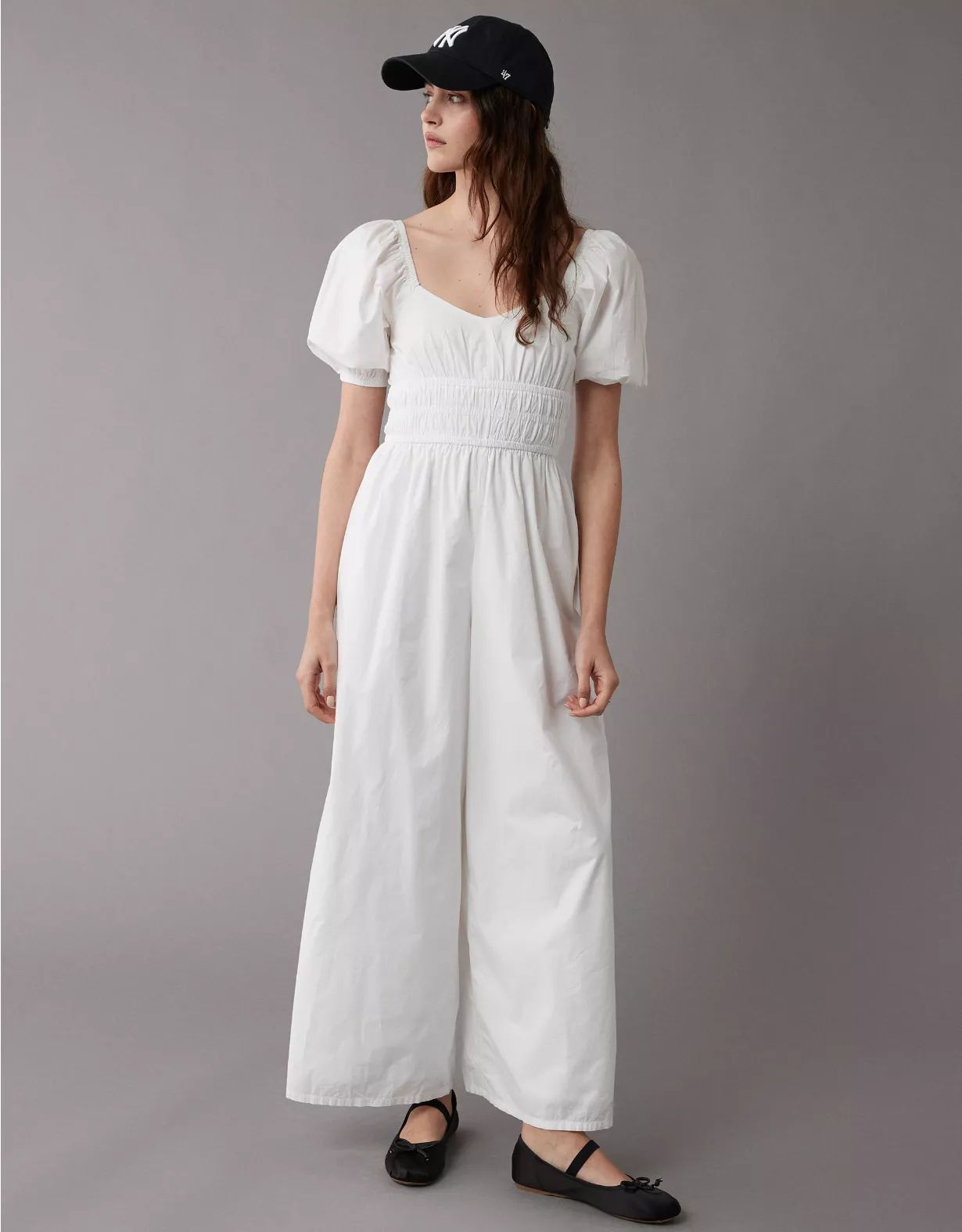 AE Poplin Puff Sleeve Wide-Leg Jumpsuit | American Eagle Outfitters (US & CA)