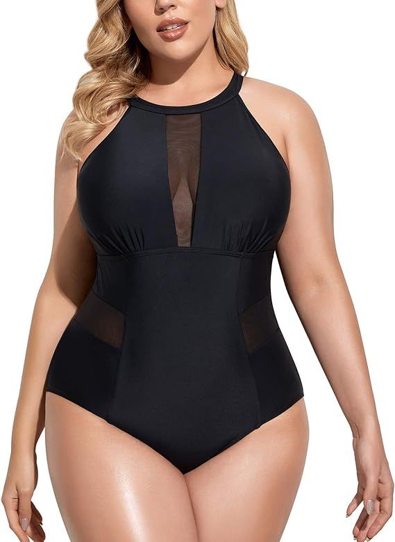Daci Plus Size One Piece Swimsuit for Women High Neck Plunge Mesh Cutout Monokini Swimwear | Amazon (US)